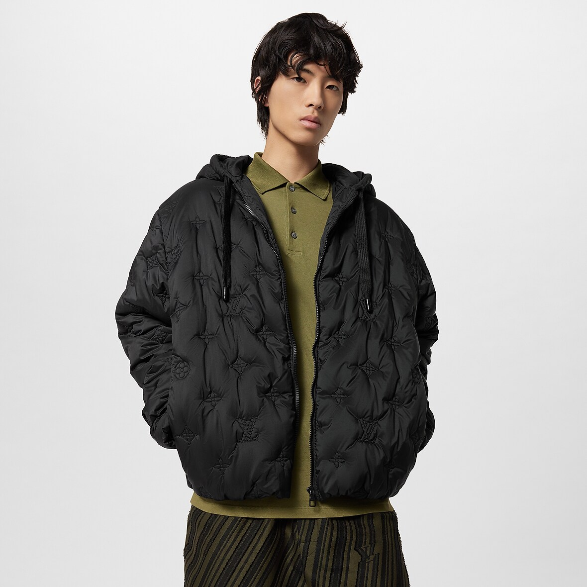 LOUIS VUITTON Nylon Mixed Monogram Hooded Jacket Blouson, Parka, Outerwear Black brown 38